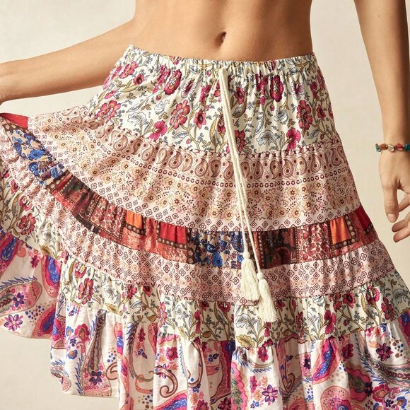 Multicolor Boho Women's Woven Floral Ruffled Skirt With Waist Tie - Picture 5 of 7